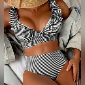Black White Striped Ruffle High Waisted Bikini Set